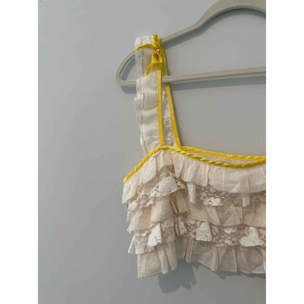Kimchi Blue Cream Ruffle Lace Crop Tank Top with Yellow Trim and Bows - Picture 2 of 6